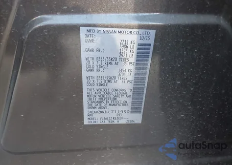 2015 Nissan Pathfinder Platinum z USA, uszkodzony, nr VIN 5N1AR2MN1FC711950